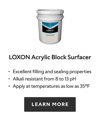 Loxon Acrylic Block Surfacer. Excellent filling and sealing properties. Alkali resistant from 8 to 13 pH. Apply at temperatures as low as 35 degrees Fahrenheit. 