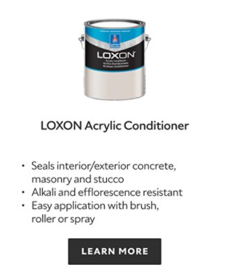 Loxon Acrylic Conditioner. Seals interior/exterior concrete, masonry and stucco. Alkali and efflorescence resistant. Easy application with brush, roller or spray . Learn more.