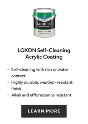 Loxon Self-Cleaning Acrylic Coating. Self-cleaning with rain or water contact. Highly durable, weather-resistant finish. Alkali and efflorescence resistant. Learn more.