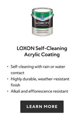 Loxon Self-Cleaning Acrylic Coating. Self-cleaning with rain or water contact. Highly durable, weather-resistant finish. Alkali and efflorescence resistant. Learn more.