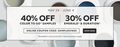 May 29 - June 4. 40% OFF Color To Go® Samples, 30% OFF Emerald® & Duration®. Use Code: SAMPLESVNGS. Shop Now. *Available in-store and online. Some exclusions apply.