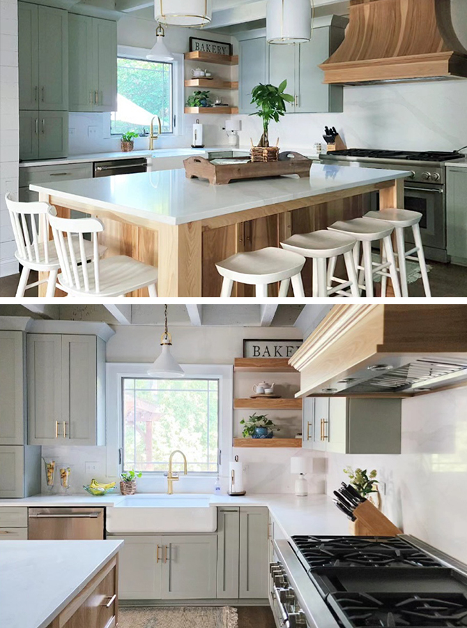 Modern transitional kitchen with large center island surrounded by white chairs, wood paneled island and range hood with some open shelving and light greenish gray cabinetry.