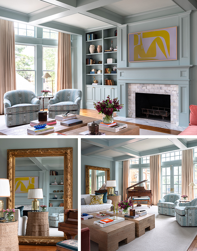 Light blue-green painted living room with matching round back arm chairs near tiled fireplace.