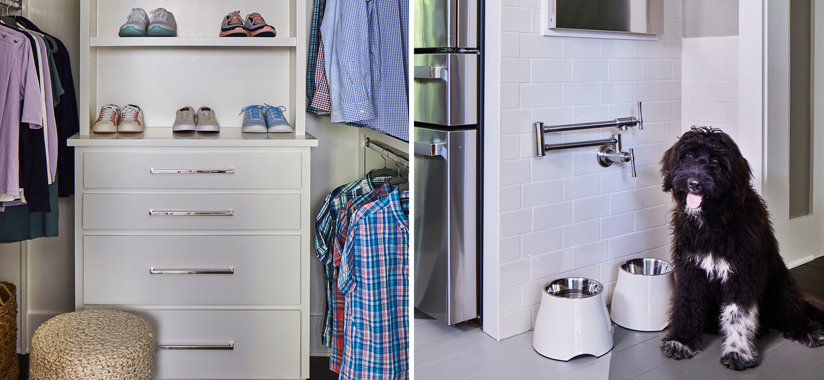 Left image: Built-in closet storage with easy-pull handles and clothing racks at sitting level.  Right image: Large, shaggy black dog sitting next to elevated food and water dishes beneath an easy pot-fill station installed in a subway tile wall.