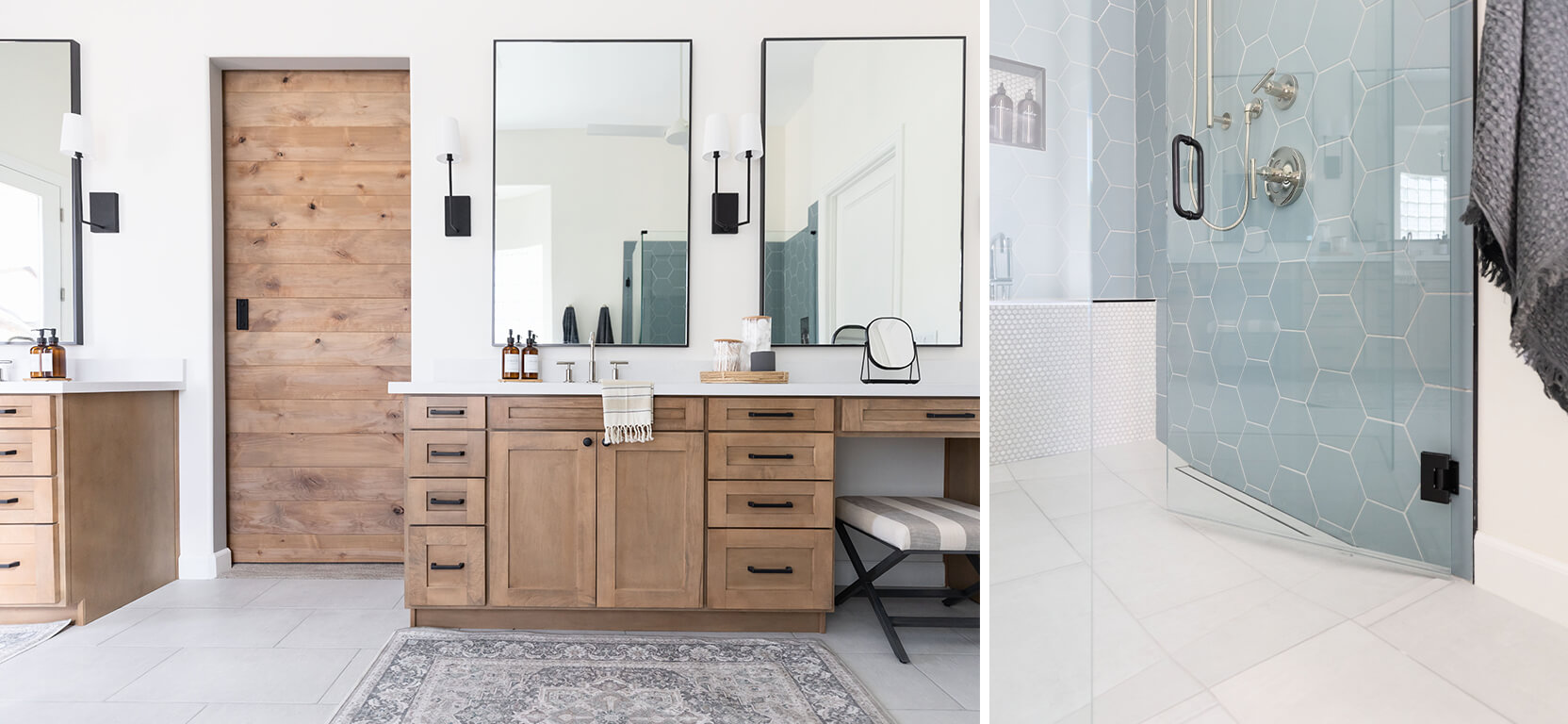 Left image: Double bathroom vanity with natural wood cabinetry, large rectangular mirrors and modern fixtures.  Right image: Closeup of curbless shower entry with tiled bench and hexagonal light-blue tiled walls.