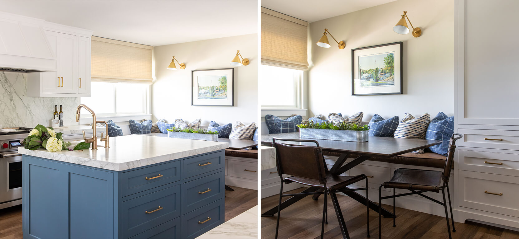 Left image: Kitchen with large center island and banquette dining area with white and blue decor, a marble-look backsplash, and gold hardware.  Right image: Close shot of banquette dining area with under-bench storage, throw pillows in various patterns, and removable chairs for wheelchair access.