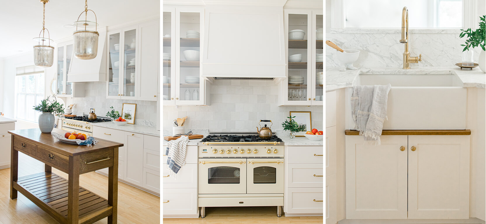 Left image: Warm white kitchen with natural wood island and European-inspired cabinetry and appliances. Center image: Shot of warm white oven and gas range with copper tea kettle, flanked by glass-front ceiling-height cabinets. Right image: White farmhouse sink and marble backsplash with brassy metallic faucet and cupboard door pulls.