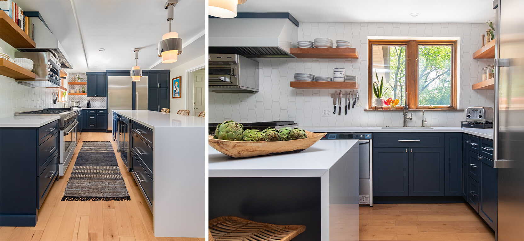 Modern kitchen with open wood shelving, modern stainless steel appliances and lighting, sleek white island, and dark blue cabinetry. Shot of sink area in navy and white modern kitchen with natural wood floor, trim, and shelving and modern appliances.