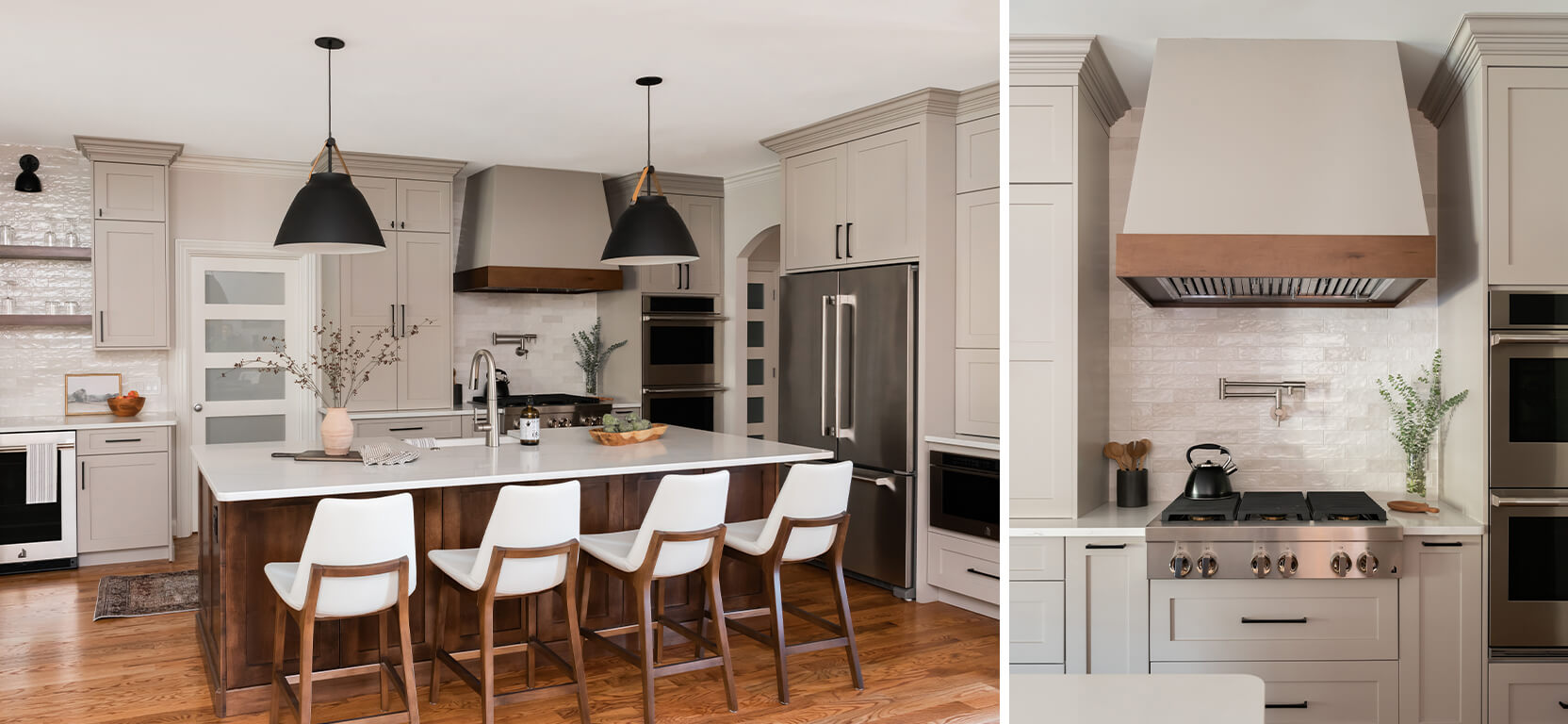 Modern kitchen with ceiling-height cabinets painted in a mid-tone gray-beige color with dark wood and matte black accents and white dining chairs at the large kitchen island. Shot of modern gas range top with black tea kettle, tiled backsplash and gray-beige cabinets and hood.