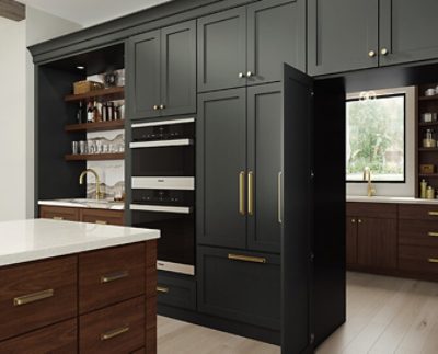 Shot of dark green kitchen cabinets with a discreet door that opens into another part of the kitchen.