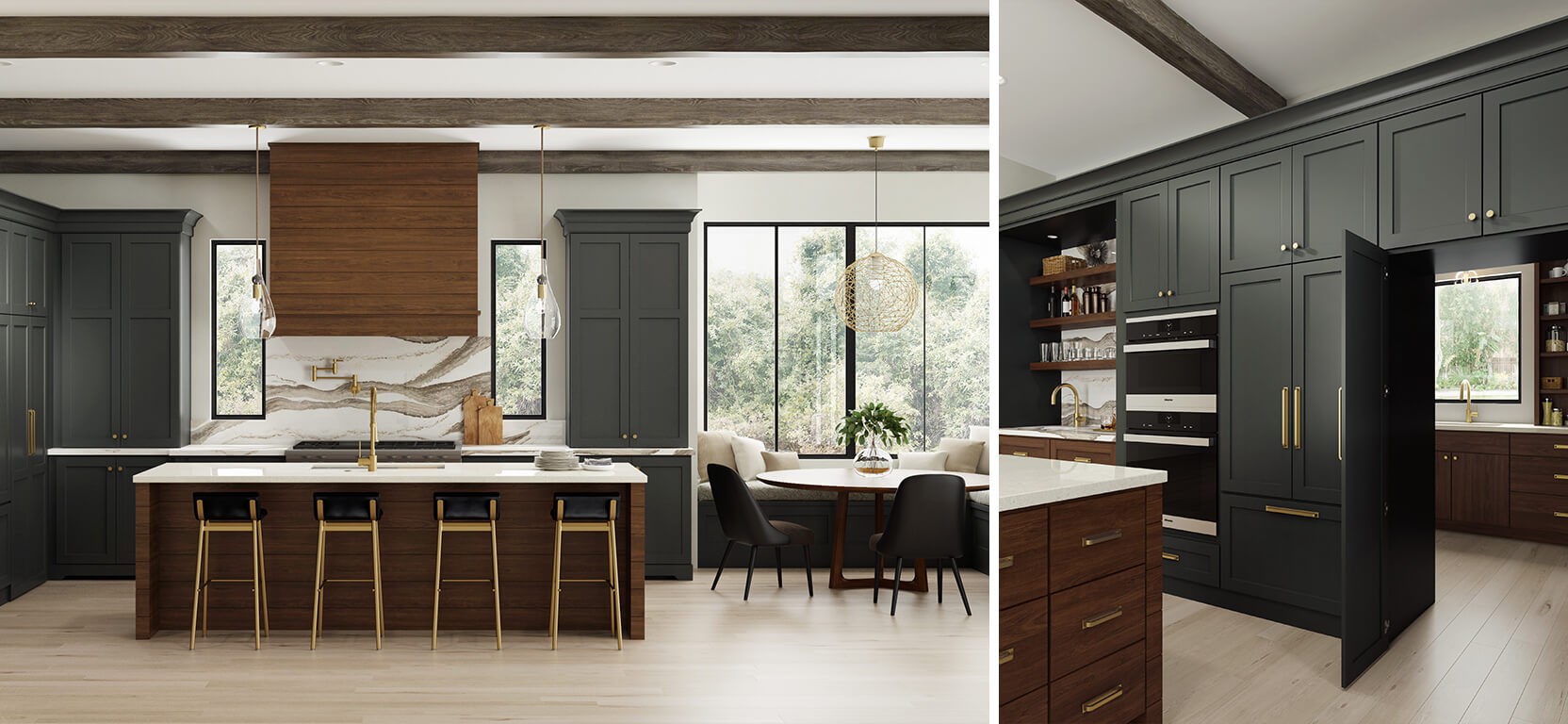 Left image: Elegant and spacious kitchen with dark green cabinetry and white ceiling with exposed dark wood beams.  Right image: Shot of dark green kitchen cabinets with a discreet door that opens into another part of the kitchen.