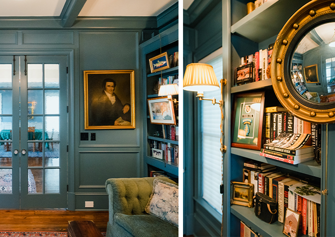 Muted blue color-drenched home library space with coffered ceilings, wood floors, tufted settee, painted portrait hanging next to French doors.
