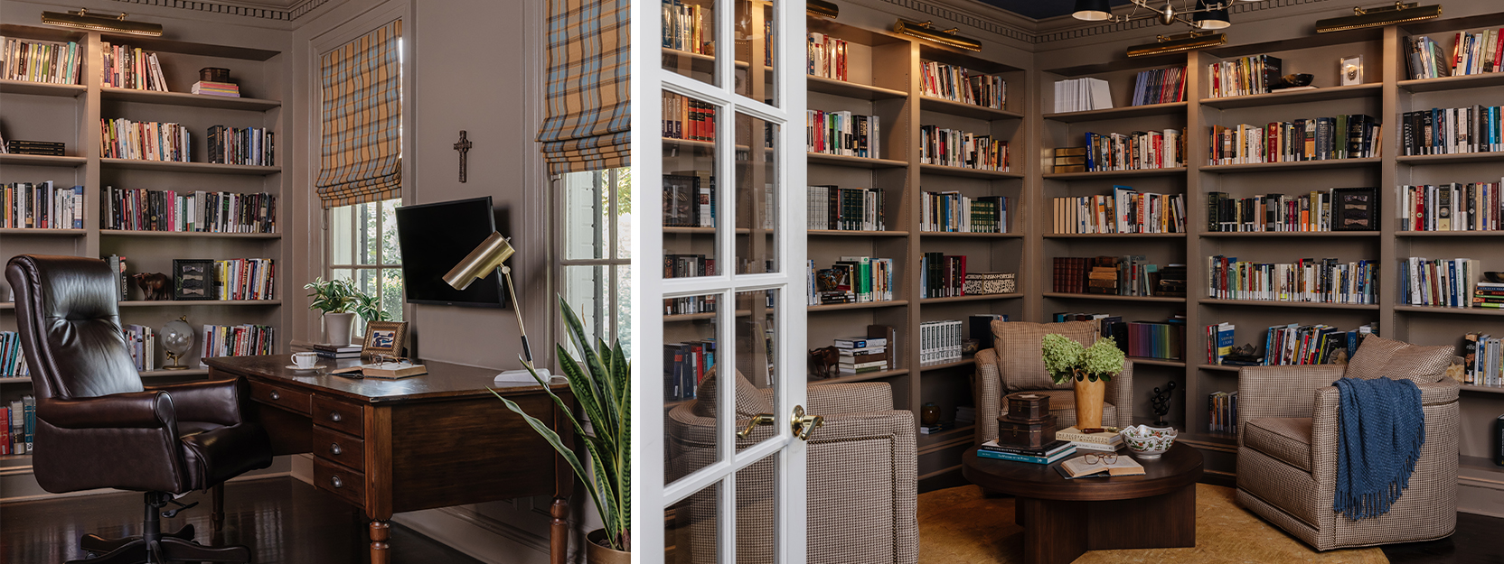 Home library, office, and gathering space with a neutral color scheme, shelves full of books, and three upholstered armchairs behind white French doors.