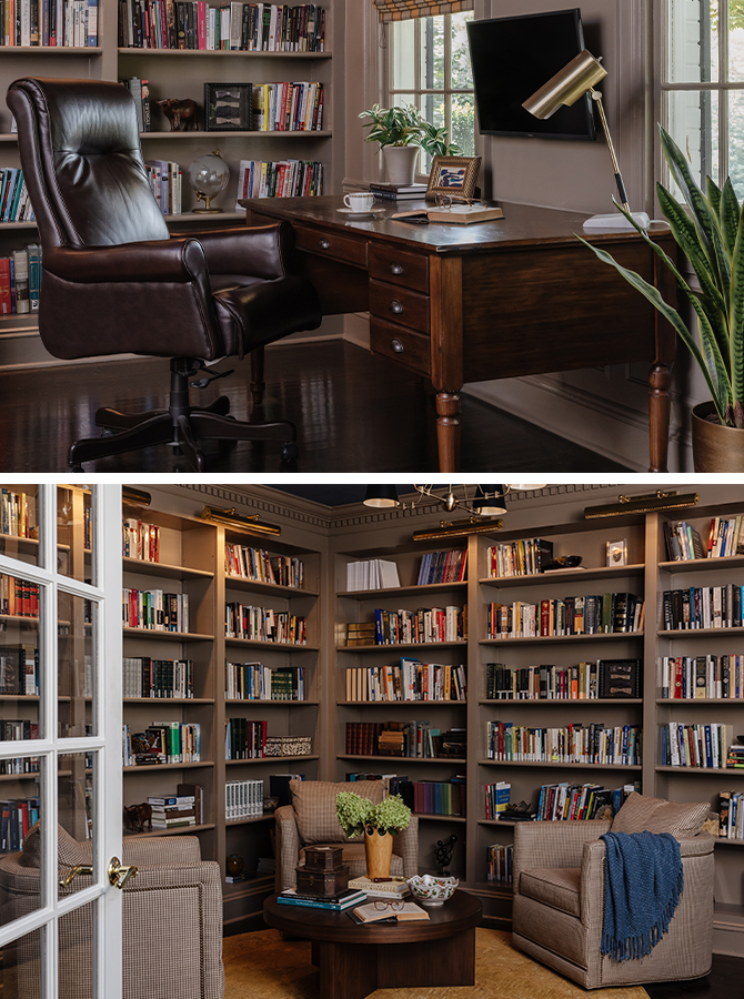 Home library, office, and gathering space with a neutral color scheme, shelves full of books, and three upholstered armchairs behind white French doors.