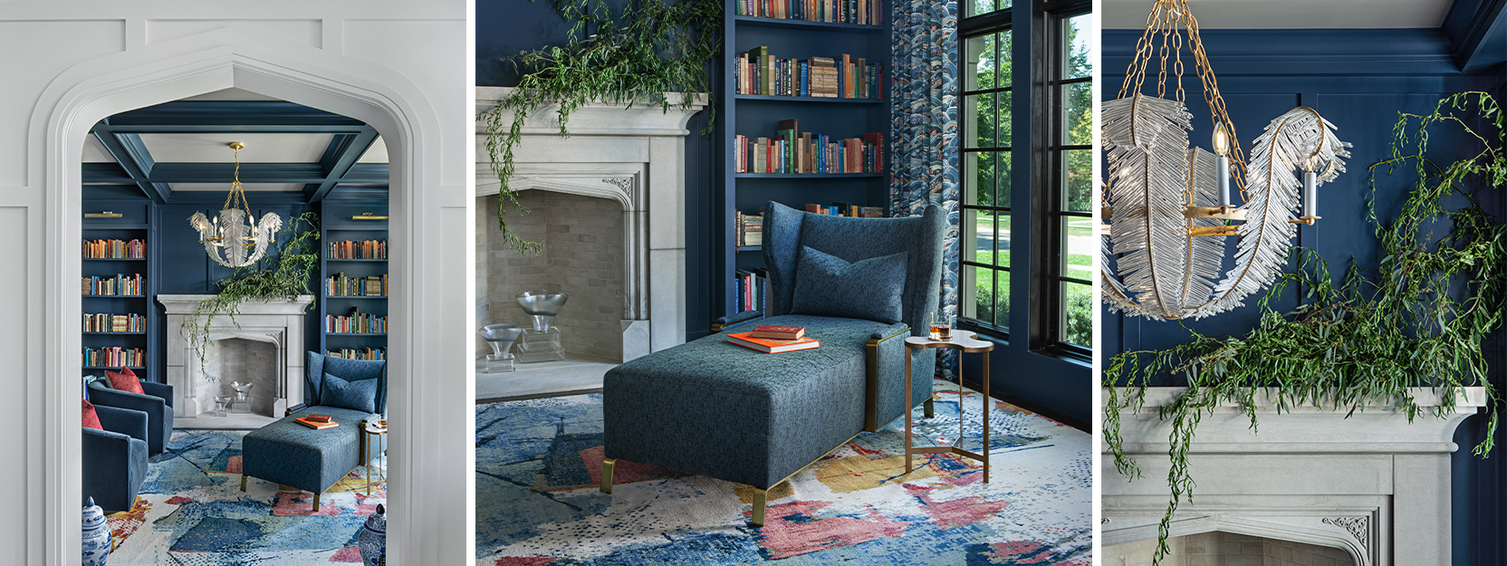 Detail shots of white molding on archway leading into blue coffer-ceilinged home library with modern wing-backed chaise lounge, gray painted fireplace, and chandelier with feather motifs.