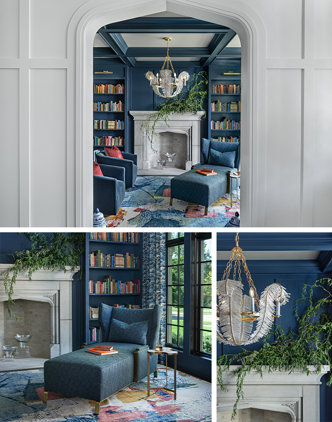 Detail shots of white molding on archway leading into blue coffer-ceilinged home library with modern wing-backed chaise lounge, gray painted fireplace, and chandelier with feather motifs.