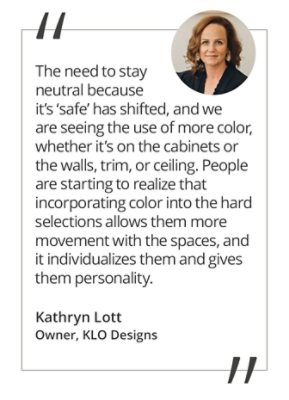 Graphic featuring the quote “The need to stay neutral because it’s ‘safe’ has shifted, and we are seeing the use of more color, whether it’s on the cabinets or the walls, trim, or ceiling. People are starting to realize that incorporating color into the hard selections allows them more movement with the spaces, and it individualizes them and gives them personality” by Kathryn Lott, Owner of KLO Design + Build. 