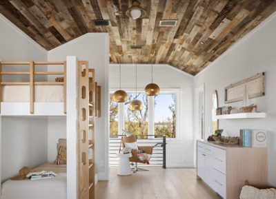 Modern loft bedroom with a wooden bunk bed, gold pendant lights, and large windows with a wood slat ceiling and Pure White walls.