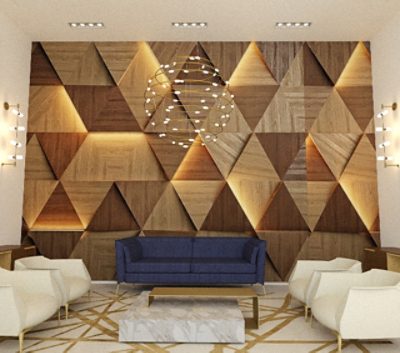 Modern sitting area with high ceilings, abstract art, and a wood-paneled accent wall in a pattern of repeating triangles.