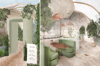 Renderings of “Reconnect” restaurant concept featuring green booths, pendant lighting, curved transparent ceilings and ample greenery.