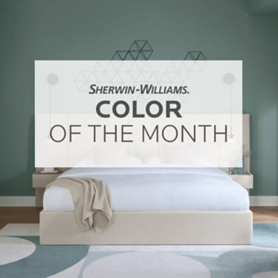 Sherwin Williams March 2026 color of the month, bedroom walls painted in SW 6213 Halcyon Green.