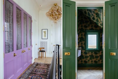 A split image showing a hallway with Radiant Lilac built-in cabinets and dark green Olivetone double doors opening into a wallpapered powder room. 
