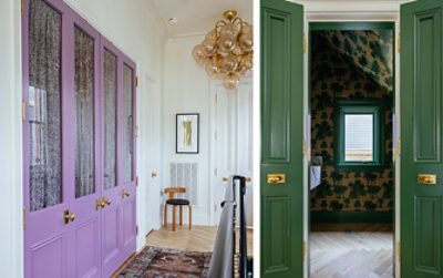A split image showing a hallway with Radiant Lilac built-in cabinets and dark green Olivetone double doors opening into a wallpapered powder room. 