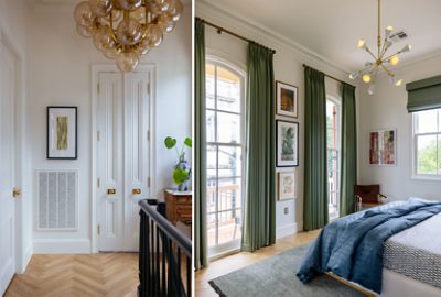 Interior hallway and bedroom of Dabito’s home featuring statement chandeliers, framed art, green drapes, and modern furnishings.