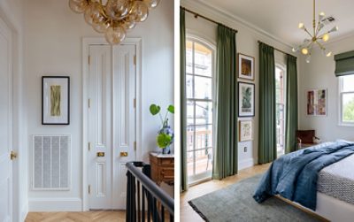 Interior hallway and bedroom of Dabito’s home featuring statement chandeliers, framed art, green drapes, and modern furnishings.