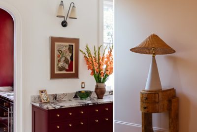 Dabito’s home’s chic interior details, including the marble-topped cabinet painted Sherwin-Williams Borscht and a unique lamp on a small wooden table. 