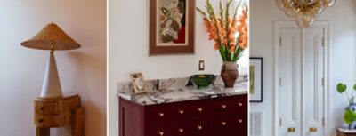 Three interior design elements in Dabito’s home, including a lamp on a wooden table, a marble-topped cabinet painted in Sherwin-Williams Borscht, and a closeup of tall, narrow double doors.