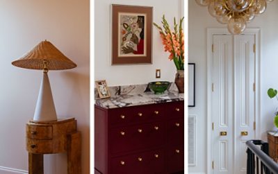 Three interior design elements in Dabito’s home, including a lamp on a wooden table, a marble-topped cabinet painted in Sherwin-Williams Borscht, and a closeup of tall, narrow double doors.