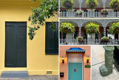 Collage of images from homes and details on the streets of New Orleans, including a bright yellow exterior, double balconies with filigreed iron railings and hanging greenery, a brightly canopied door, and sculptural details. 