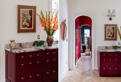 Two images showing different angles of the Borscht-painted bar and tall arched doorways leading into a Borscht-drenched kitchen. 