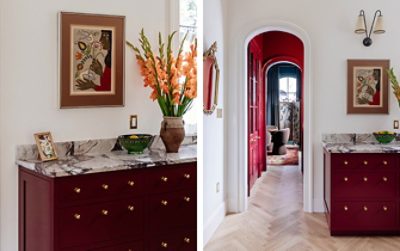 Two images showing different angles of the Borscht-painted bar and tall arched doorways leading into a Borscht-drenched kitchen. 