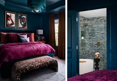 A luxurious bedroom with dark teal walls, a magenta bed, and abstract art, adjoining a marbled bathroom with gold fixtures. 
