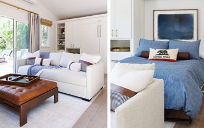 Split image of Kerrie’s project showing the living space with and without the Murphy bed pulled down.