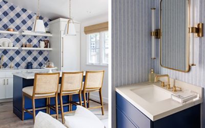 Kitchen area and bathroom vanity in Kerrie Kelly’s guest cottage project, featuring Sherwin-Williams paint in the colors Snowbound and Salty Dog. 