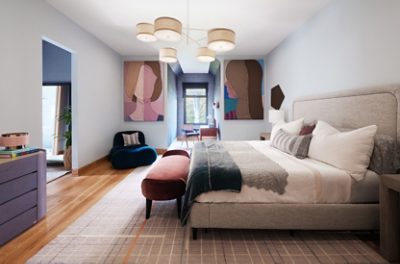 A modern bedroom with a large bed, abstract art of faces by Jose Lerma flanking a window, and a mix of contemporary furniture. 