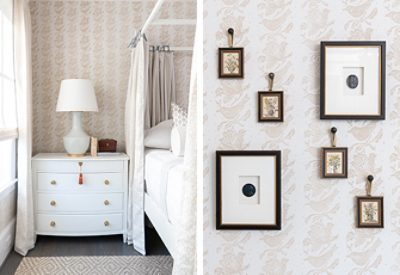 A bedroom from the ASID Texas Gulf Coast Show House with a white dresser and stenciled pattern walls featuring Sherwin-Williams Snowbound and Cocoa Whip. 