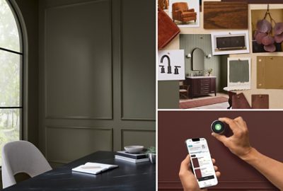Collage of images including a dark green office space, inspiration board with photos, paint swatches, greenery, and wood and fabric samples, and hands using the SherMatch+ color matching tool and smartphone app.
