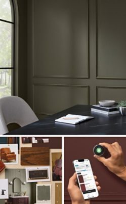 Collage of images including a dark green office space, inspiration board with photos, paint swatches, greenery, and wood and fabric samples, and hands using the SherMatch+ color matching tool and smartphone app.
