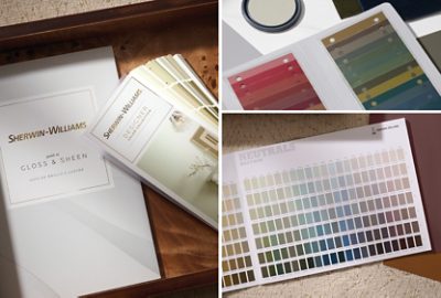 Collage of images featuring Sherwin-Williams color tools displayed on various surfaces.