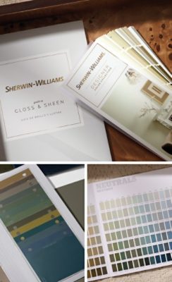 Collage of images featuring Sherwin-Williams color tools displayed on various surfaces.