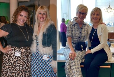 Photos of smiling women side by side with arms around each other, two standing together and two seated on a countertop at a trade show booth.