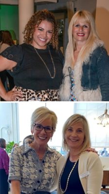 Photos of smiling women side by side with arms around each other, two standing together and two seated on a countertop at a trade show booth.