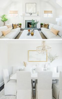 First image: Monochromatic white living room with vaulted ceilings and two white sofas facing each other in front of a fireplace. Second image: White dining room with fabric-covered chairs and beaded chandelier.