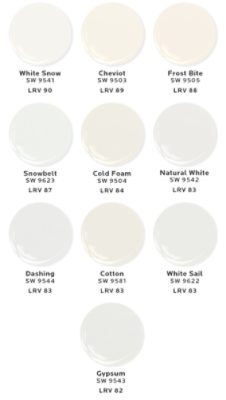 Illustration of two rows of five dollops of white paint colors from the Emerald Designer Edition Color Collection.