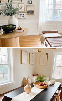 First image: Interior shots of modern traditional home with crown molding, gallery wall, white walls and trim with natural wood flooring. Second image: Dining room with white walls, modern light fixture, black rectangular table with white runner, wooden bowl centerpiece, banquette and wood chairs.