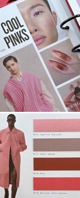 Color swatches of pinks, reds, and corals and a page from a ring-bound NellyRodi trend book featuring a face with pink makeup and photos of clothes and shoes in shades of cool pink.
